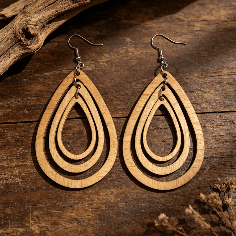 Bohemian Style 3-Layer Water Drop Wooden Earrings, Casual Chic